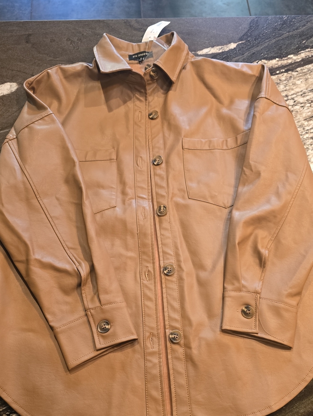 NWT Blu Pepper Faux Leather Button-Up Shirt Jacket - Tan